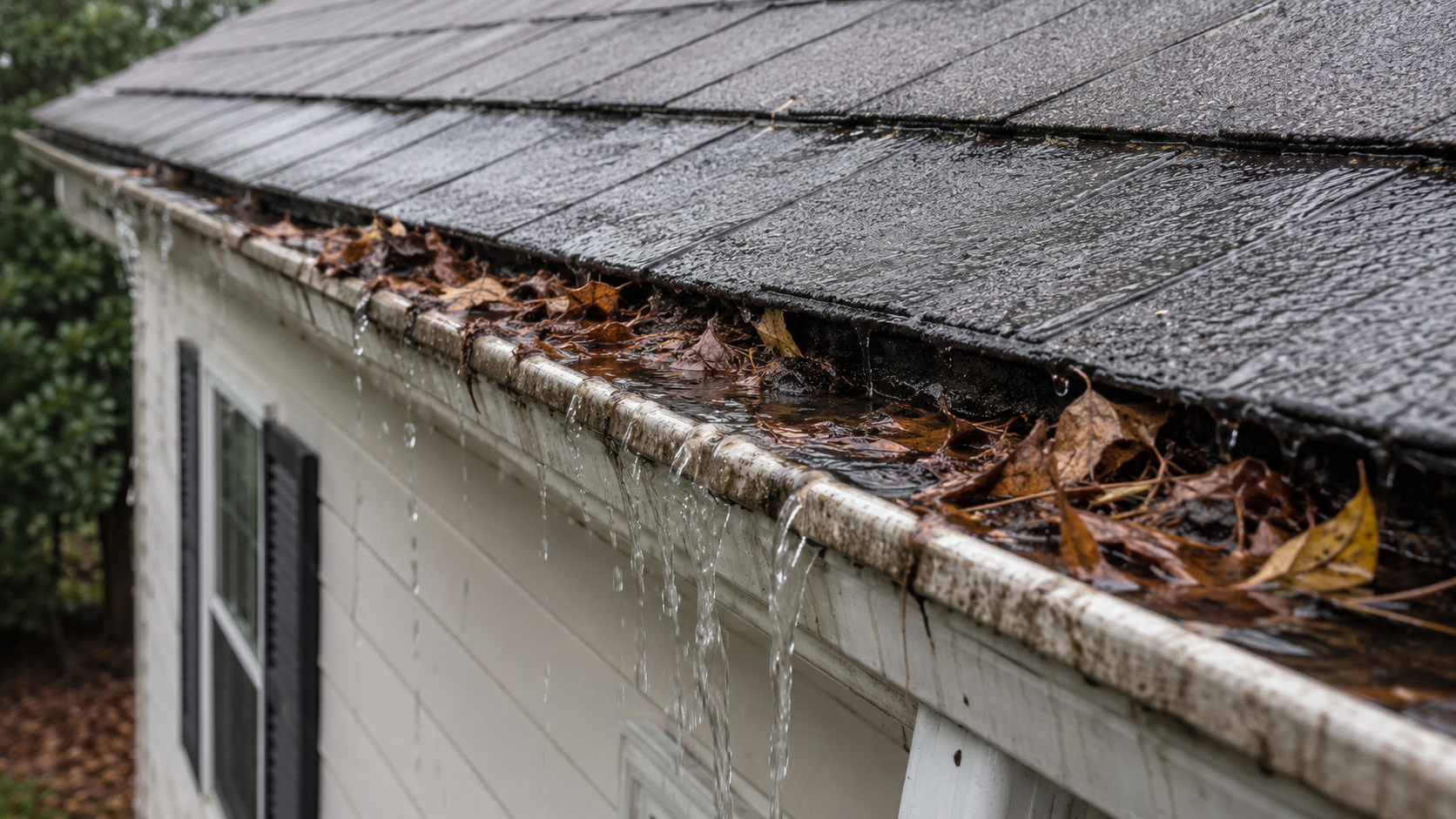 clogged gutter affecting roof drainage