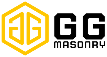 The logo for gg masonry is yellow and black and looks like a hexagon.