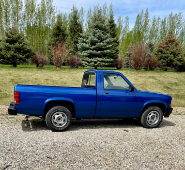 A blue truck is parked on a gravel road in a field.