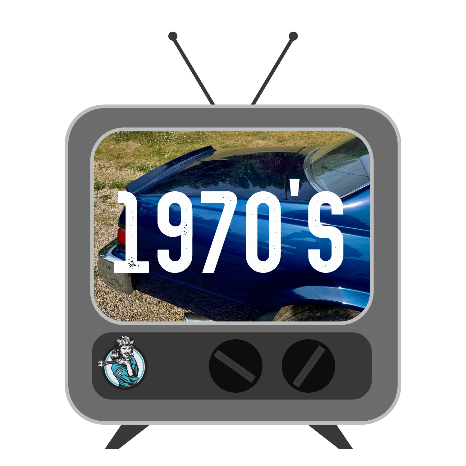 A television with a picture of a blue car and the words 1970 's on it