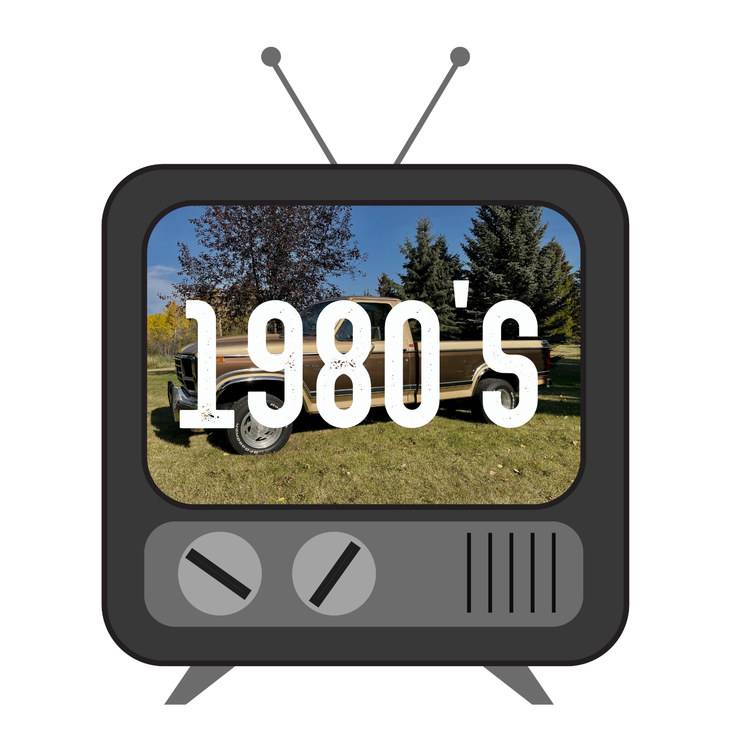 A tv screen shows a picture of a car from the 1980 's