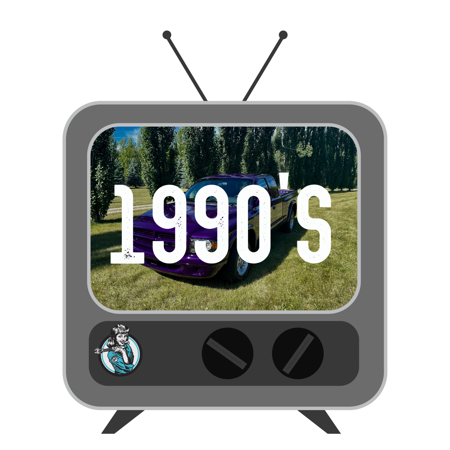 A television with a picture of a purple car on the screen.