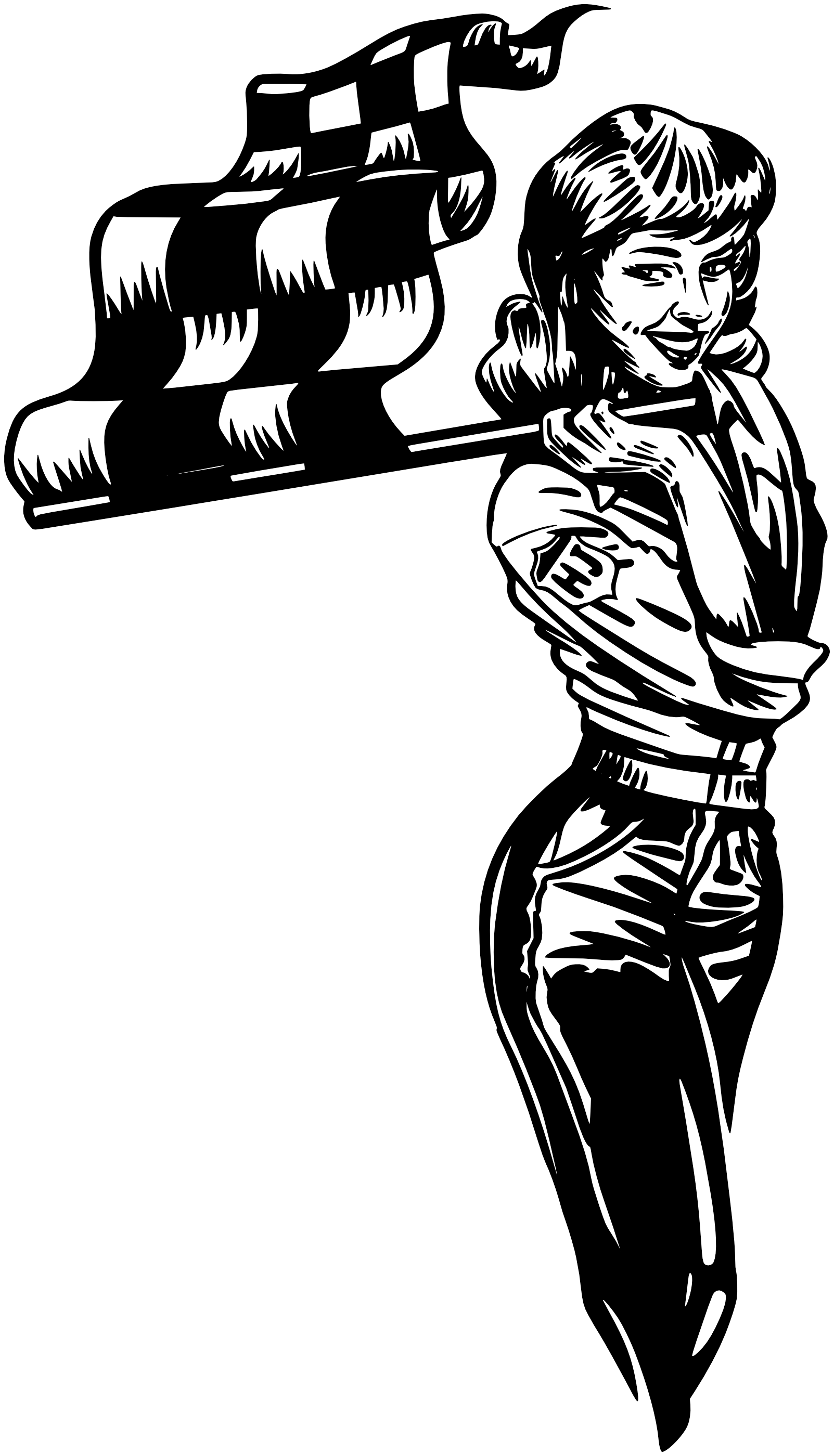 A black and white drawing of a woman holding a checkered flag.
