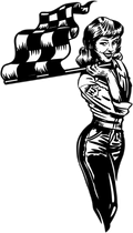 A black and white drawing of a woman holding a checkered flag.