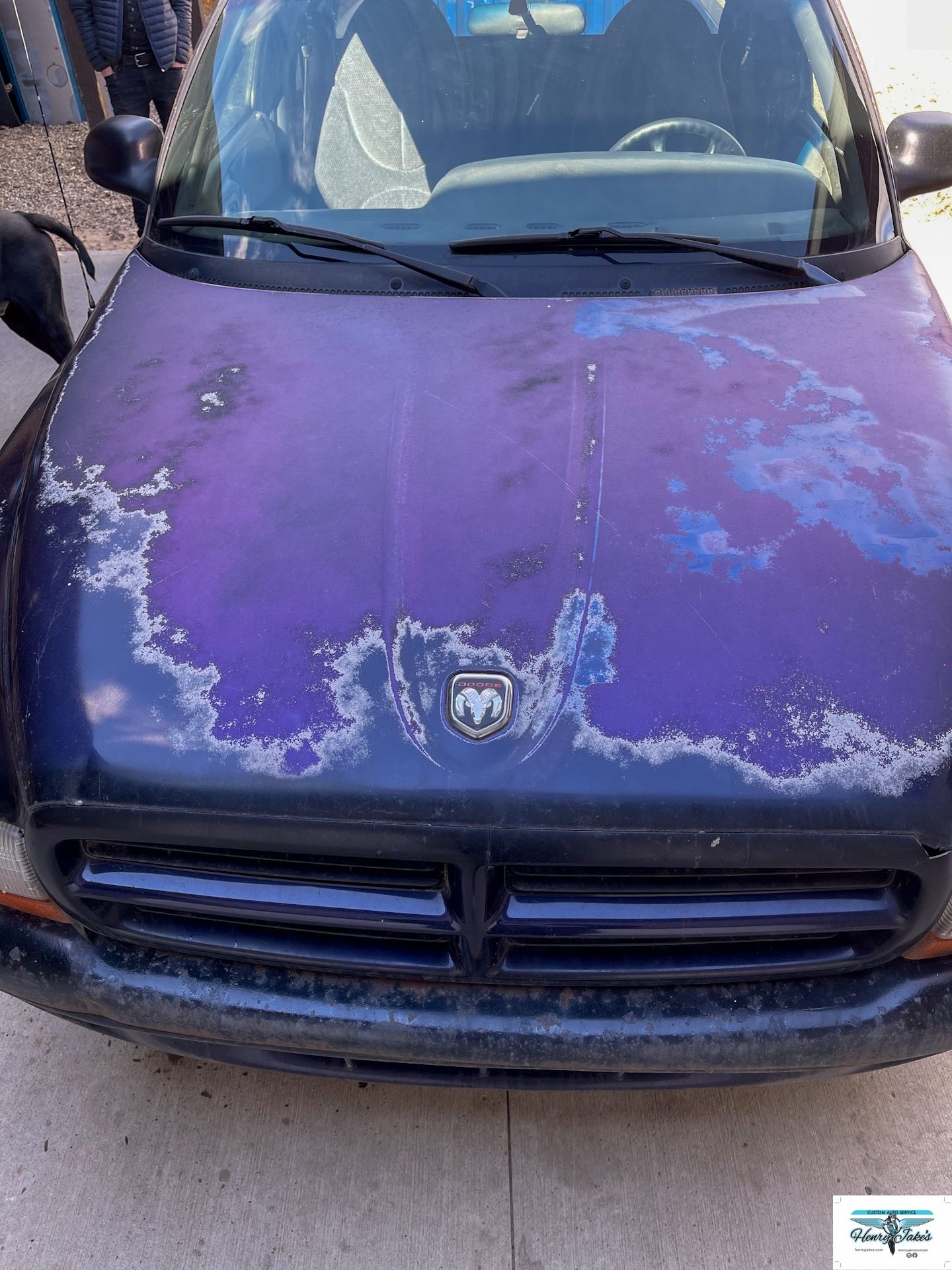 A purple car with a black hood is parked on the side of the road.