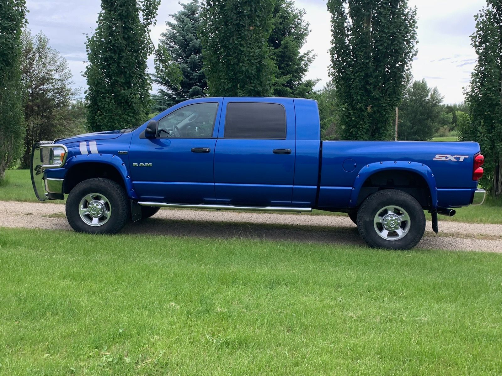 A blue truck is parked in a grassy field.