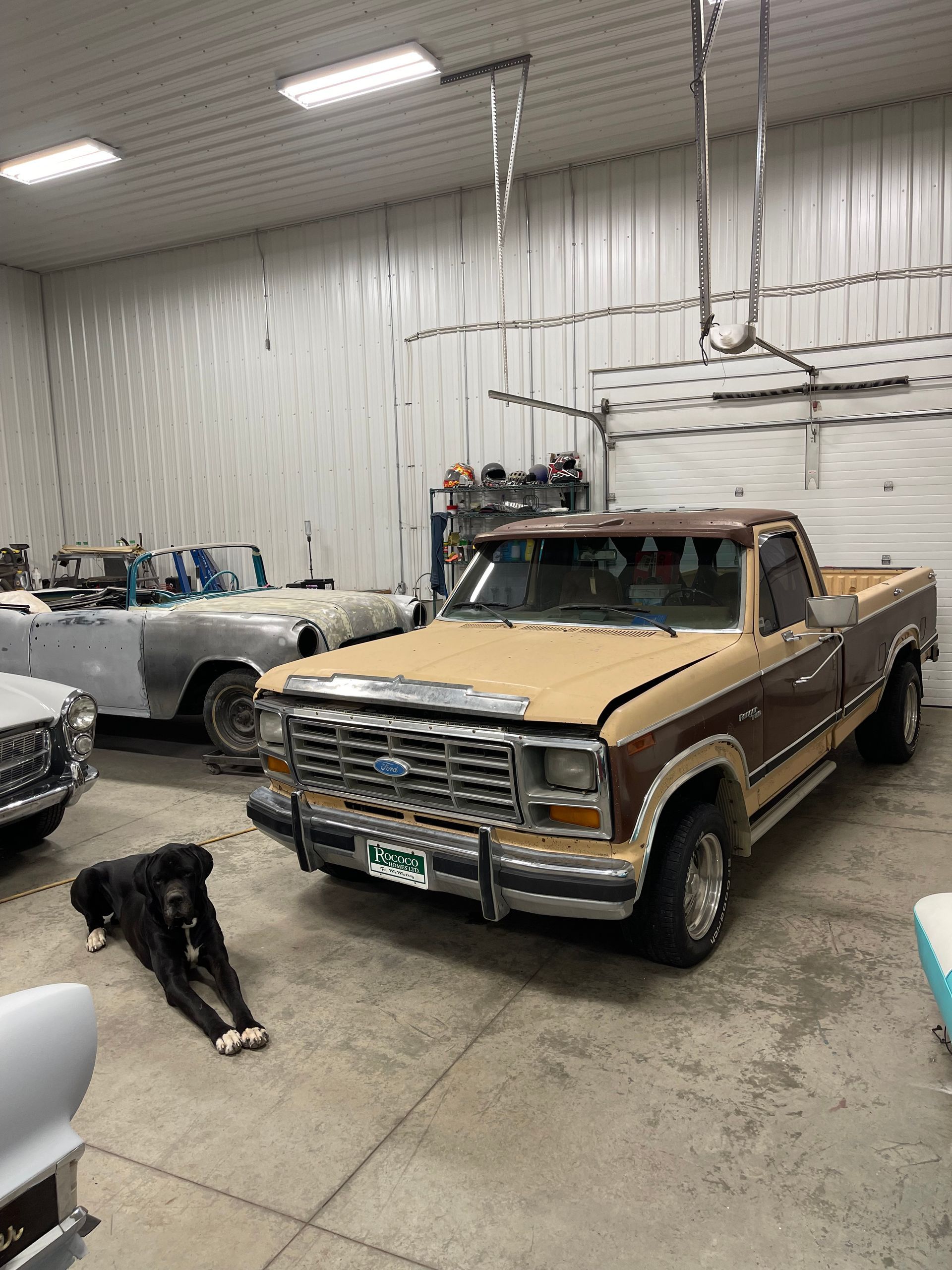 A truck is parked in a garage next to a dog.