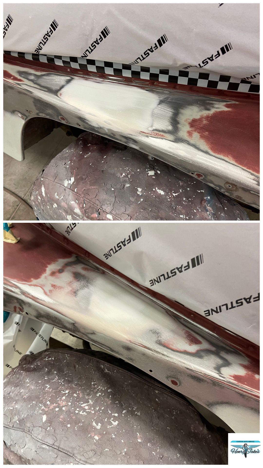 A before and after picture of a boat being painted.