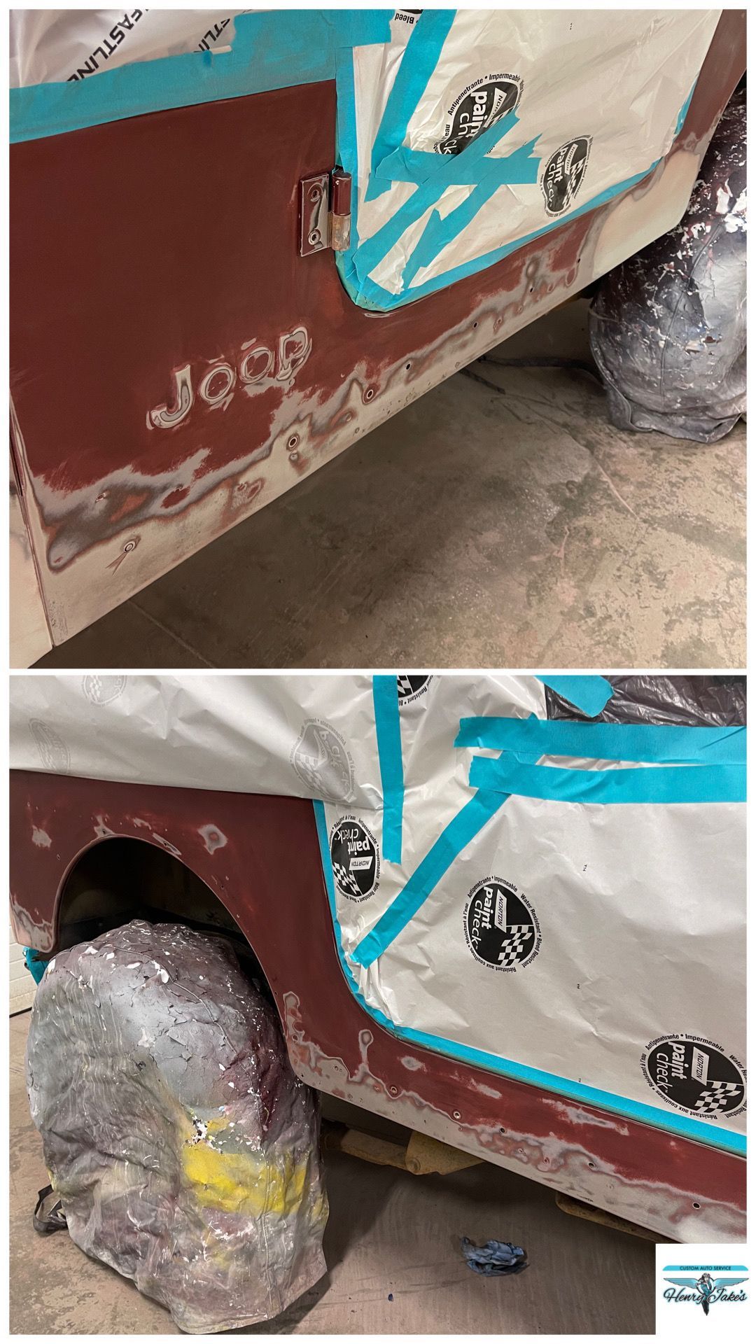 A jeep is being painted in a garage.