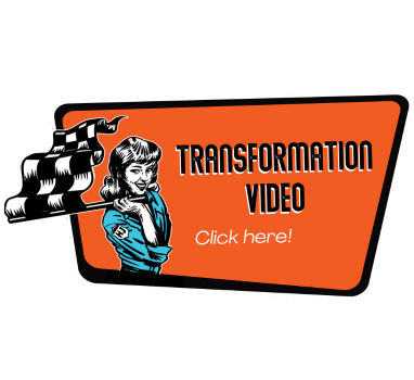 A woman is holding a checkered flag in an orange sign that says transformation video click here.