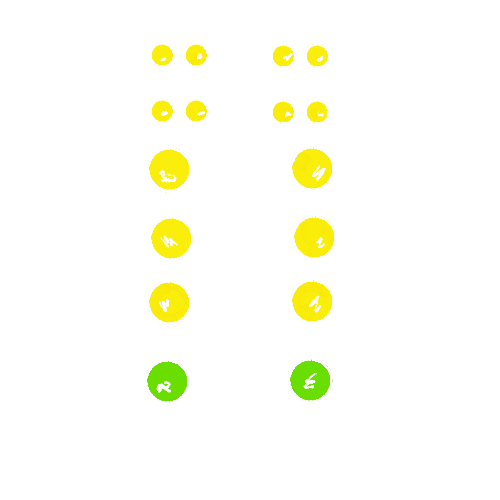 A row of yellow and green circles on a white background