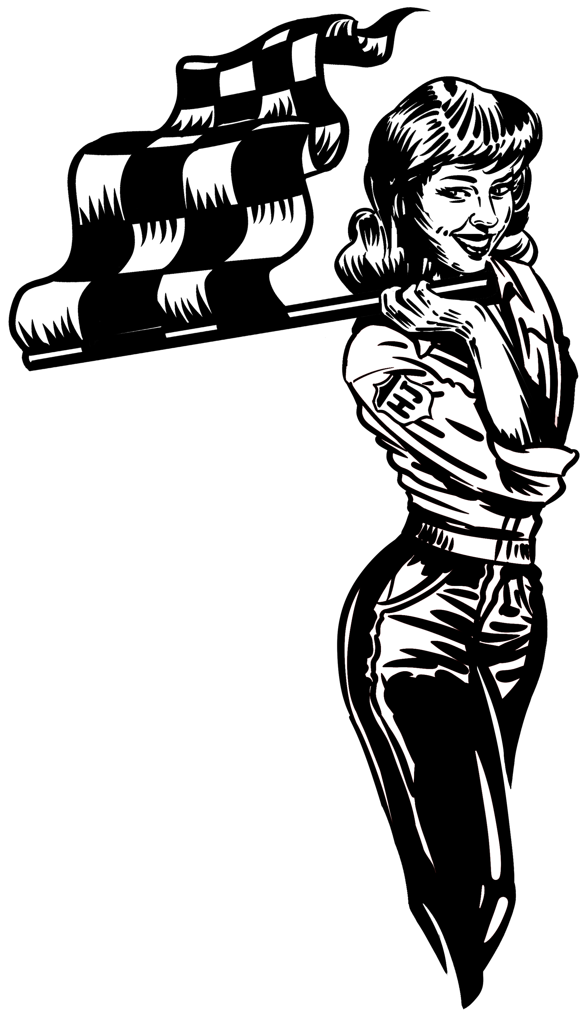 A black and white drawing of a woman holding a checkered flag.