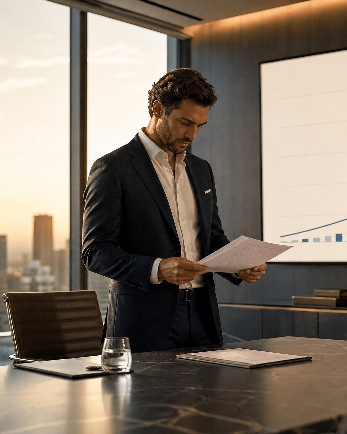 A business owner reads a valuation summary in a boardroom with a growth chart on the wall screen.
