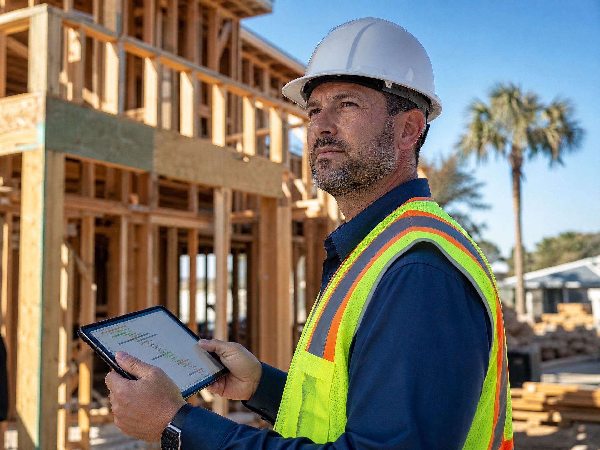 A general contractor in a hard hat checks the job board on a tablet at a framing site in Jacksonville, Florida.