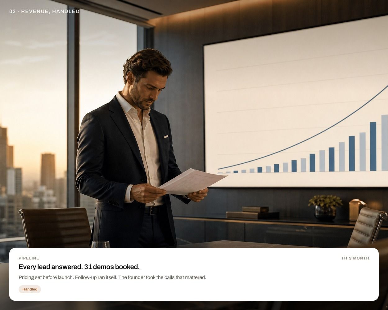 A founder reads a summary in a boardroom with a growth chart, with a card reading 
