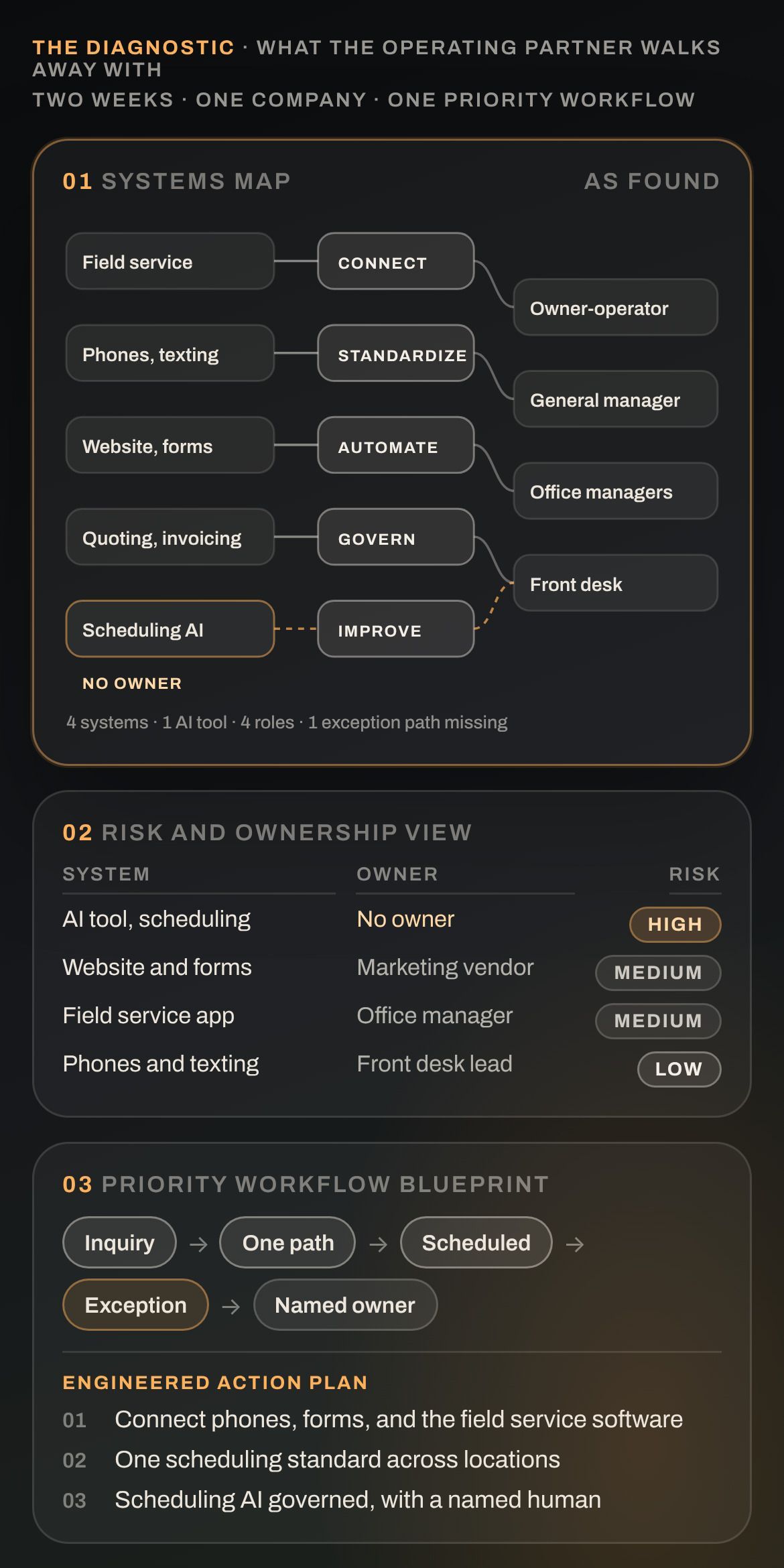 The three Diagnostic deliverables for one portfolio company: a systems map, a risk and ownership view, and a priority workflow blueprint with the Rescue scope and price.