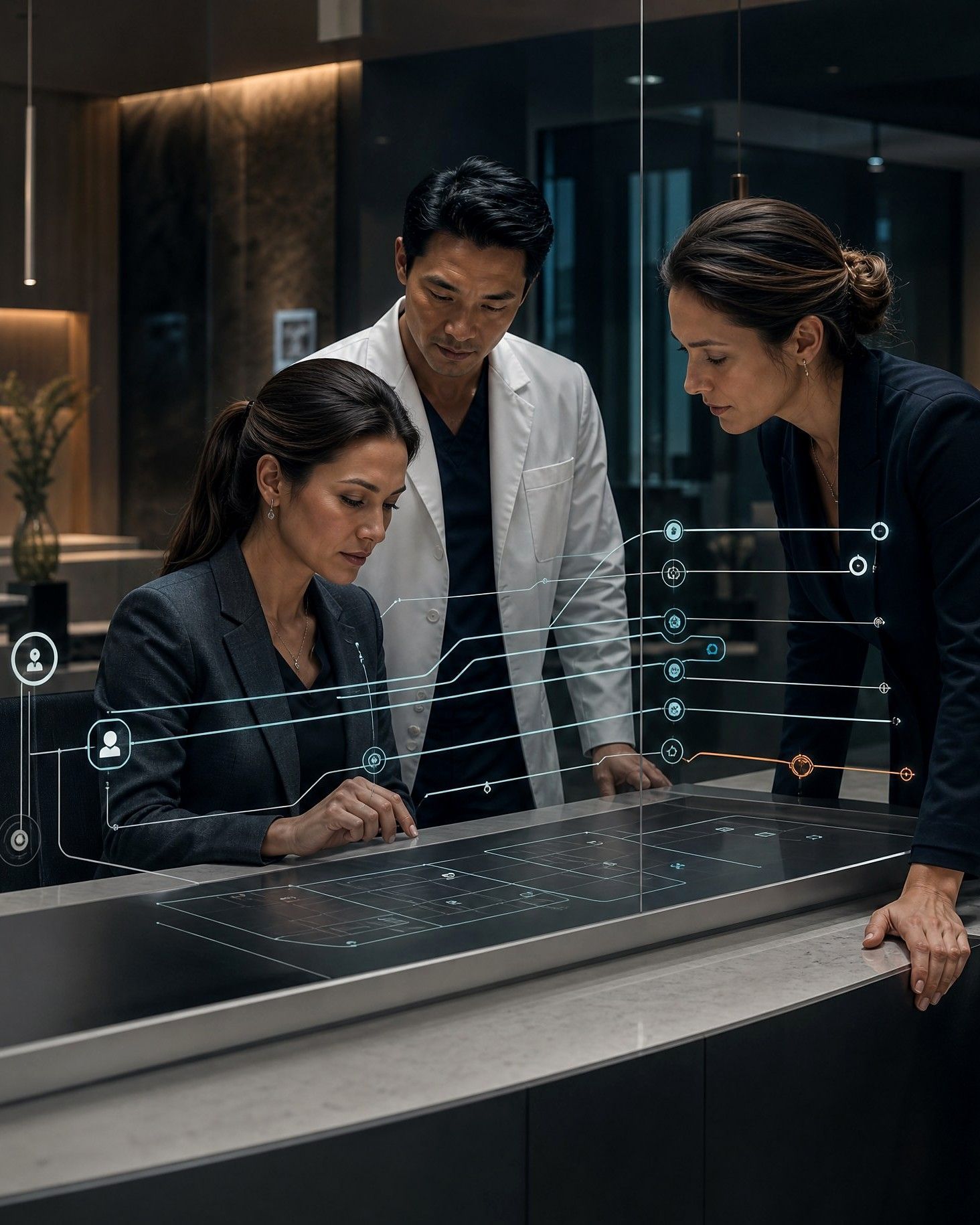 A practice owner, a doctor, and an operations lead work through their systems map at a lit table.