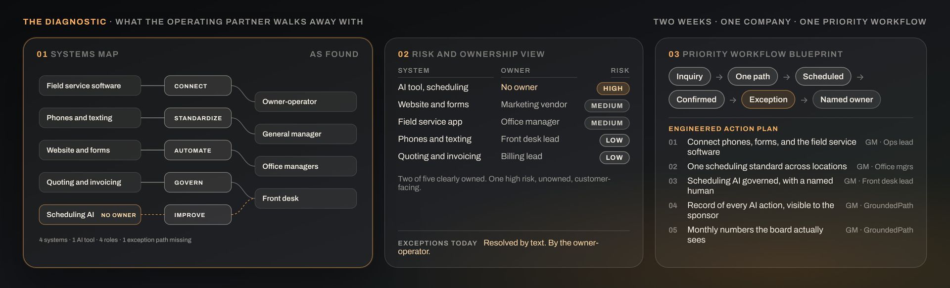 The three Diagnostic deliverables for one portfolio company: a systems map, a risk and ownership view, and a priority workflow blueprint with the Rescue scope and price.