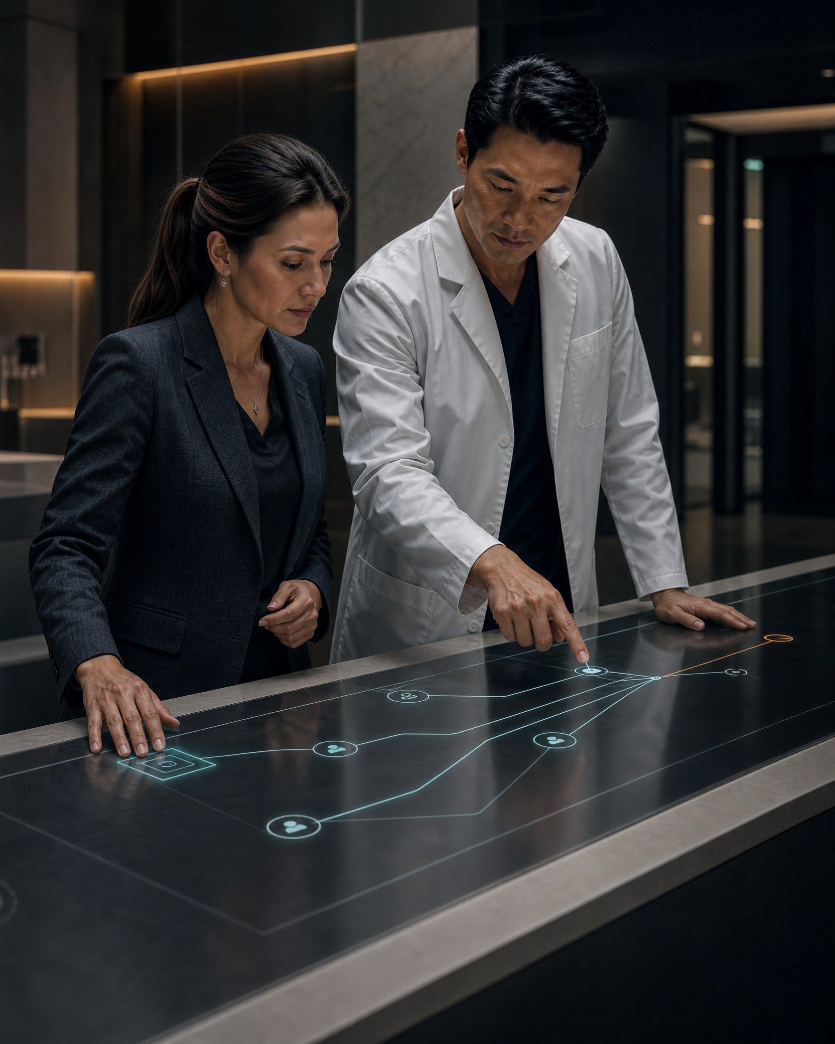 A practice owner and a doctor trace the handoffs between their systems on a lit table.