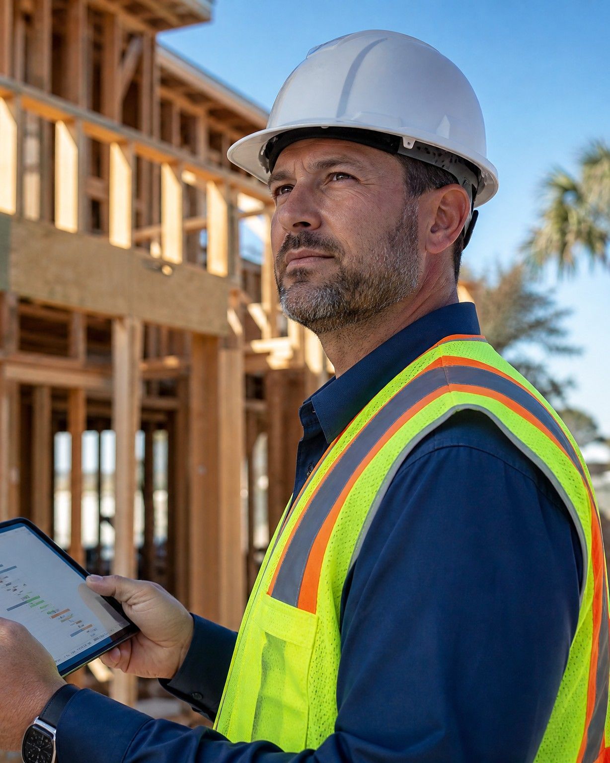 A general contractor in a hard hat checks the job board on a tablet at a framing site in Jacksonville, Florida.