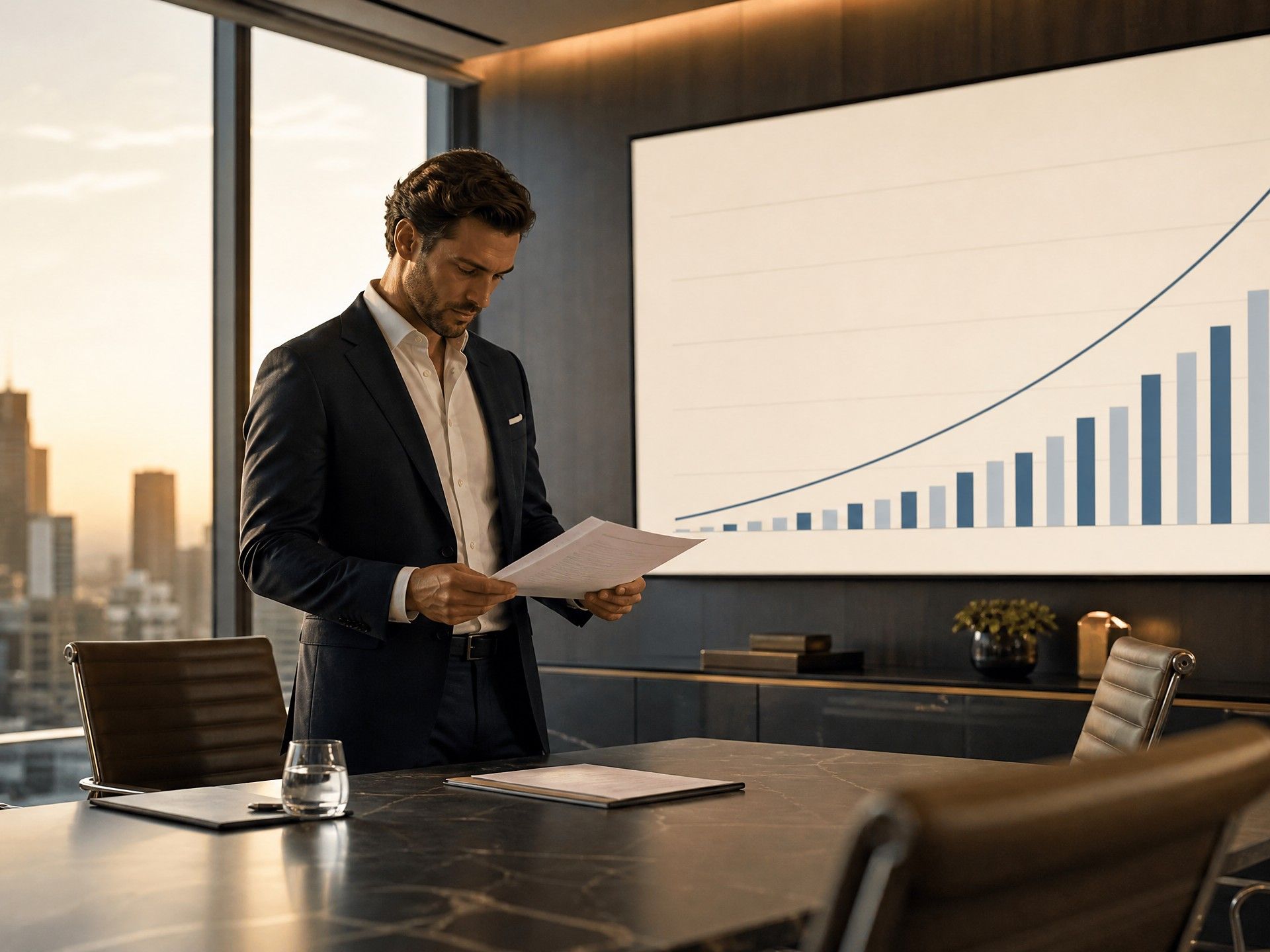 A business owner reads a valuation summary in a boardroom with a growth chart on the wall screen.
