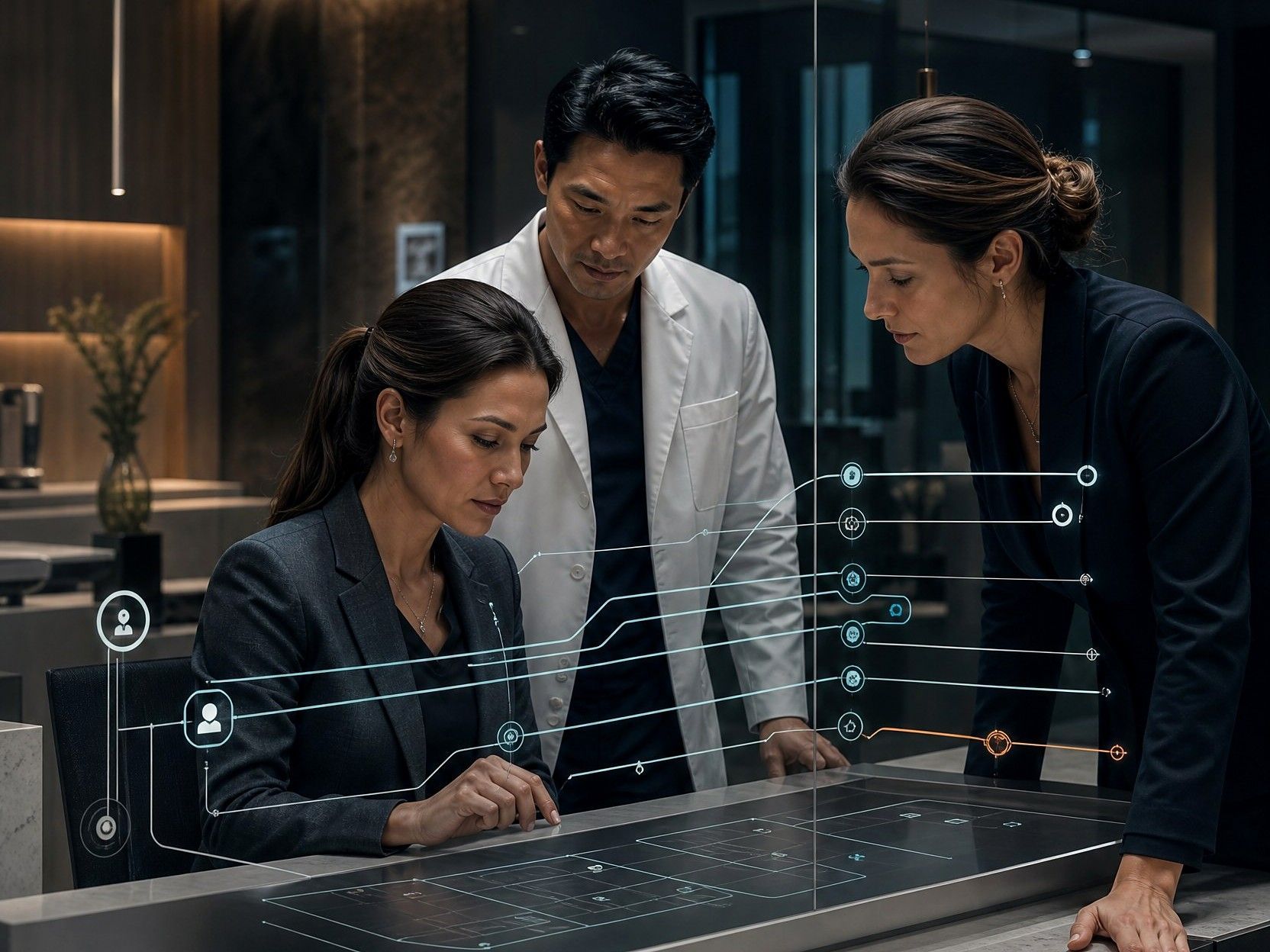 A practice owner, a doctor, and an operations lead work through the same systems map at a lit table.
