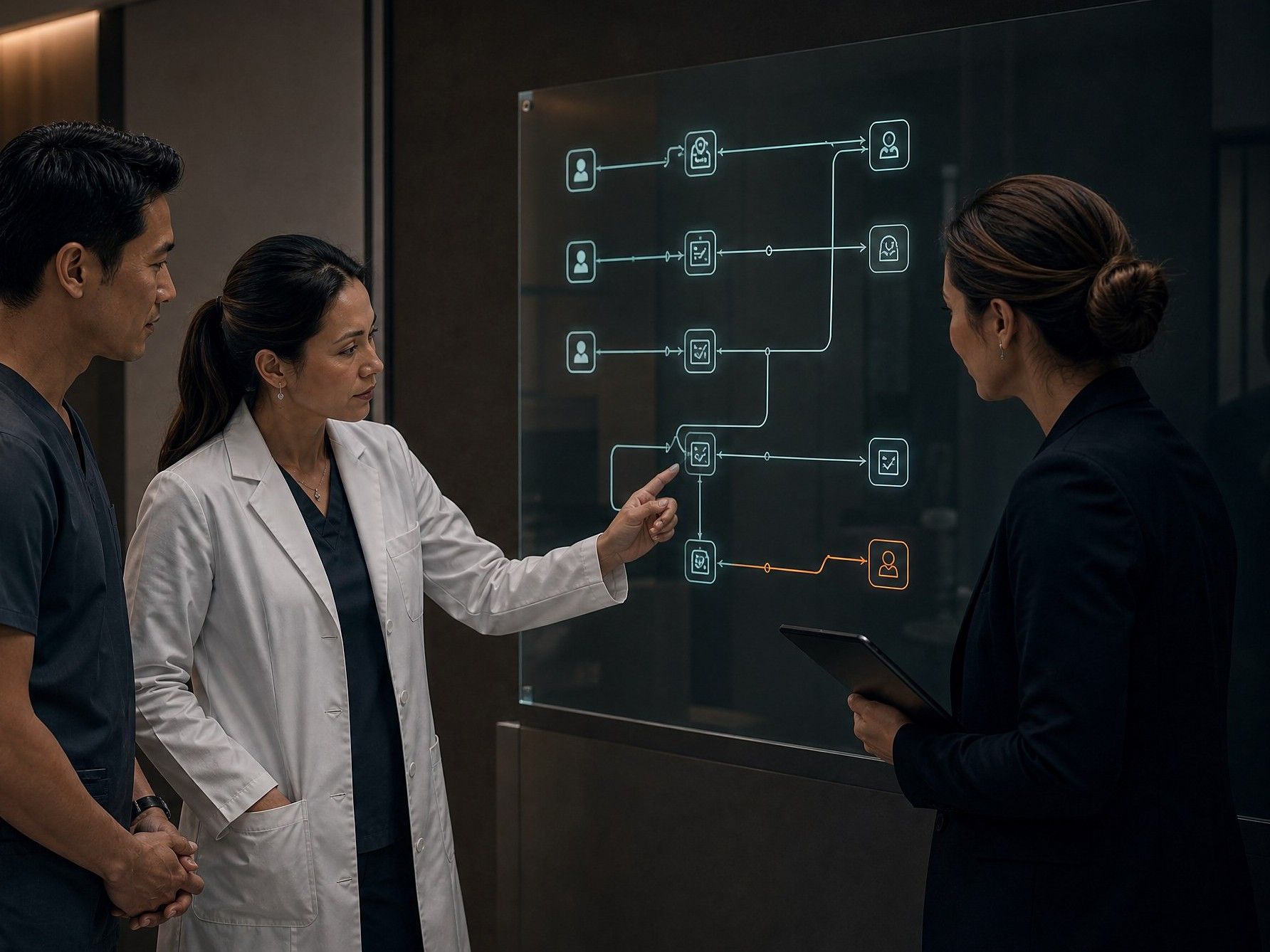 A doctor walks the practice leader and the front-desk lead through the front-office workflow on a wall display.