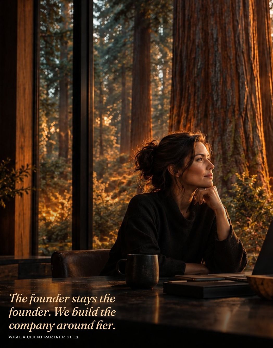A founder at her desk in warm light, redwoods behind her, with the line 