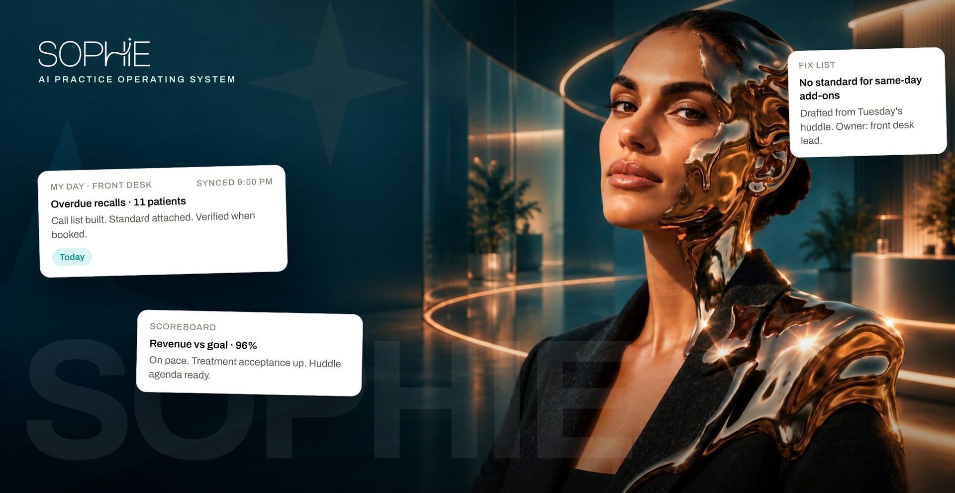 SOPHIE, the AI practice operating system: My Day for the front desk, the Scoreboard, and the Fix List.