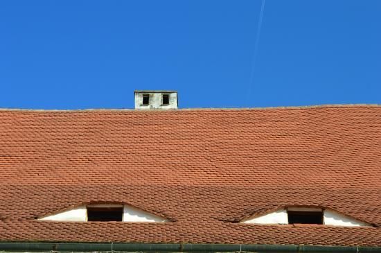 Rött tegeltak med två ögonformade fönster och en skorsten mot en klarblå himmel.