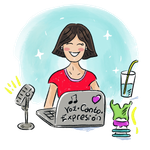 Mujer sonriente con ordenador portátil, micrófono, vaso de agua y una imagen de laringe. Fondo azul y rosa, nota musical en el ordenador portátil.