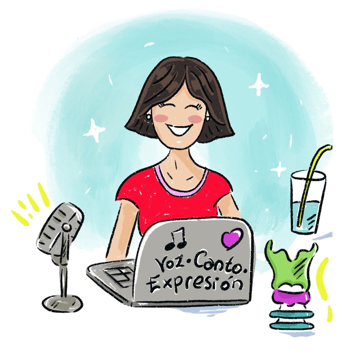 Mujer sonriente con ordenador portátil, micrófono, vaso de agua y una imagen de laringe. Fondo azul y rosa, nota musical en el ordenador portátil.