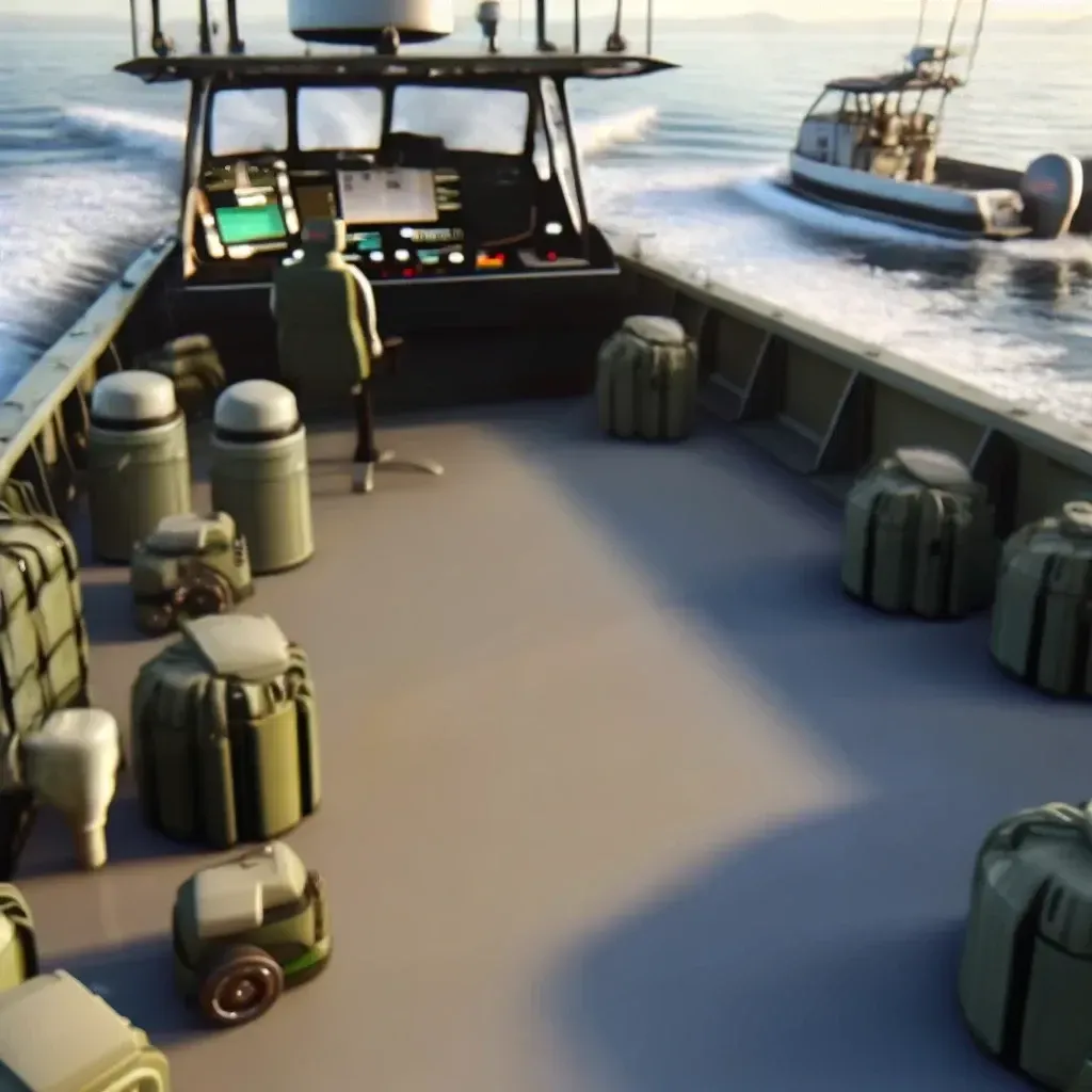 Una radio colocada encima de una caja verde con un barco al fondo.