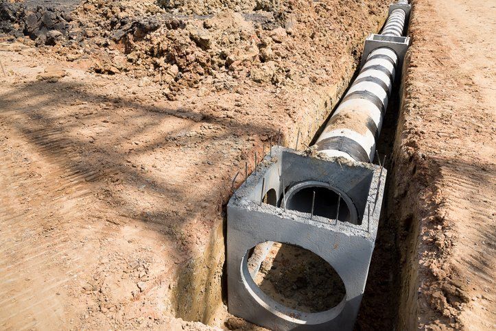 Concrete drainage pipe and manhole on construction site