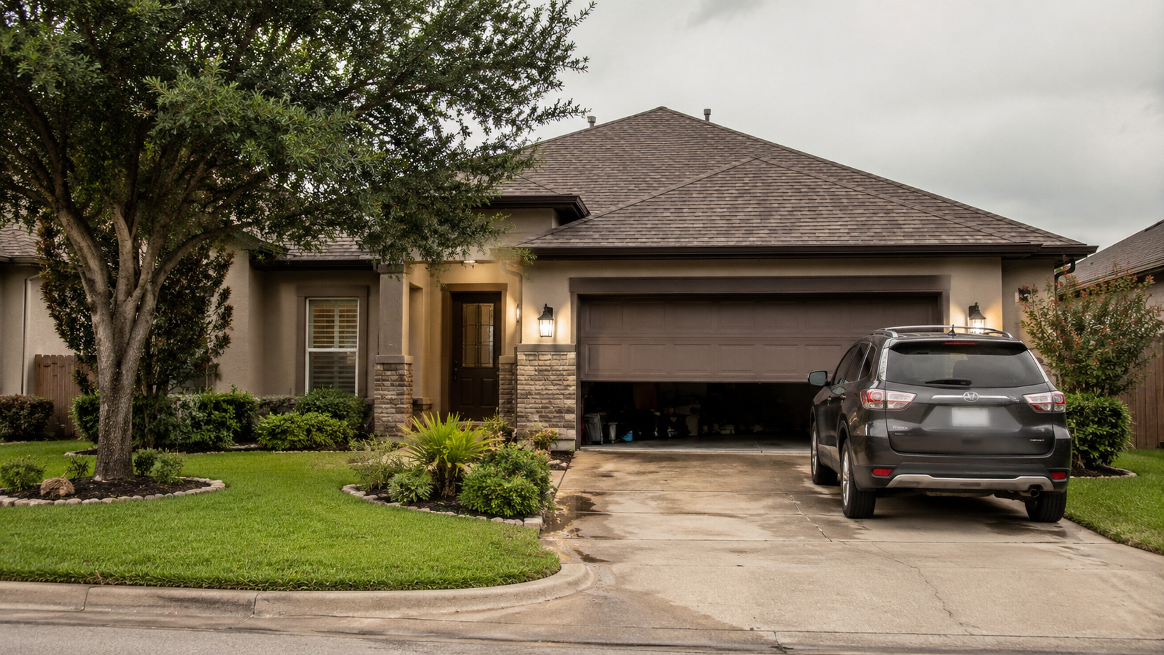 Houston homeowner troubleshooting a garage door that won't close in humid weather