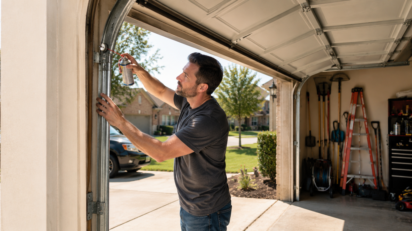 Texas homeowner performing seasonal garage door maintenance