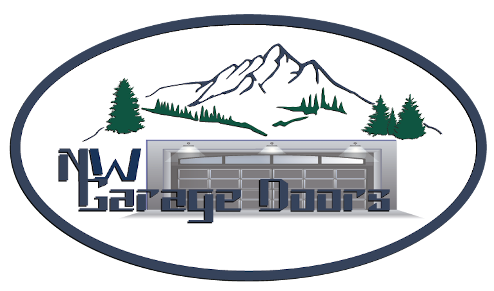 Logo: NW Garage Doors, mountain scene, garage graphic, in a blue oval.
