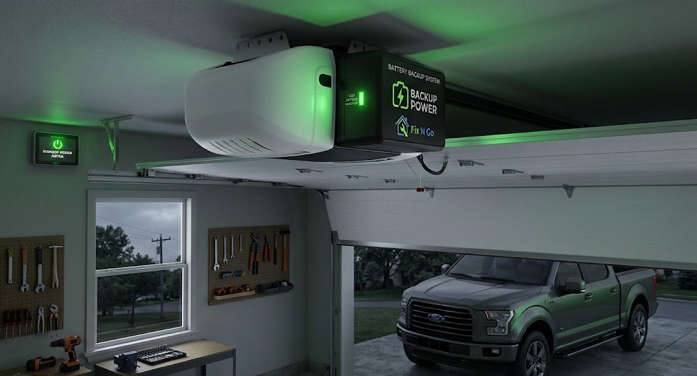 Battery backup unit on a garage door opener during a power outage