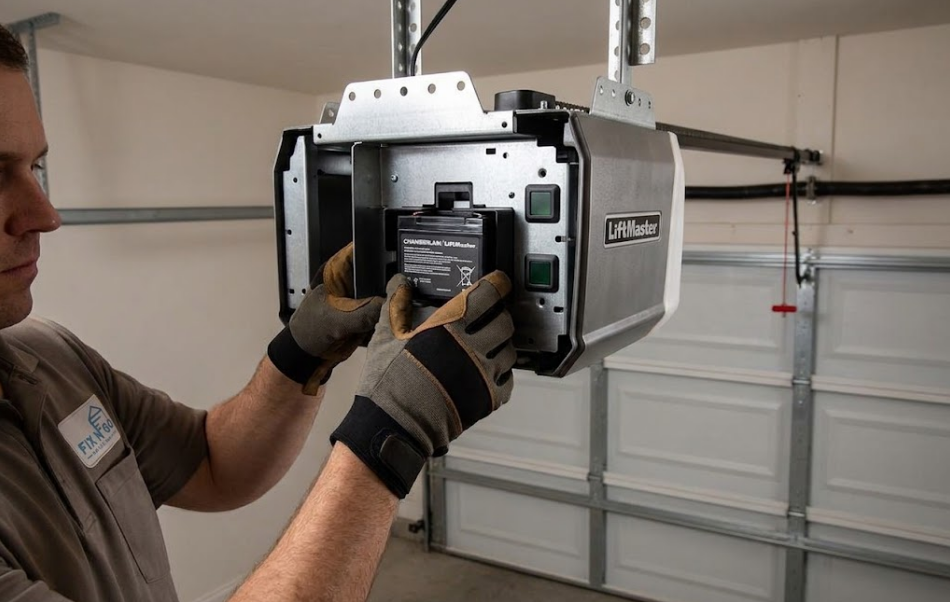Battery backup unit on a garage door opener during a power outage