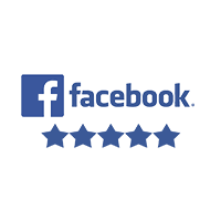 Facebook logo with five blue stars, indicating a five-star rating.