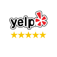Yelp logo with five gold stars. White background.