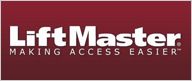 LiftMaster logo on maroon background: White text, 