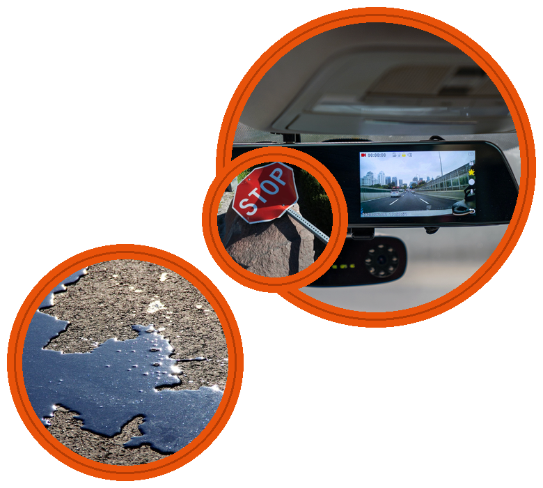 Dash cam mounted on a car windscreen showing road footage used in the investigation and Close-up of oil and gravel on the road surface, evidence of surface conditions at the crash scene
