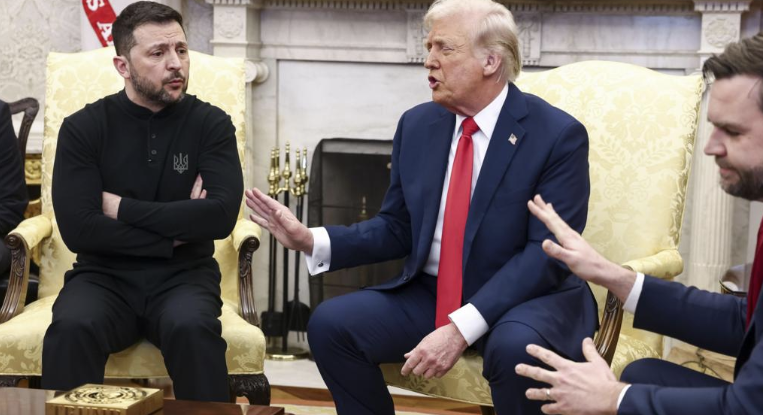 Trump speaking animatedly to Zelensky.