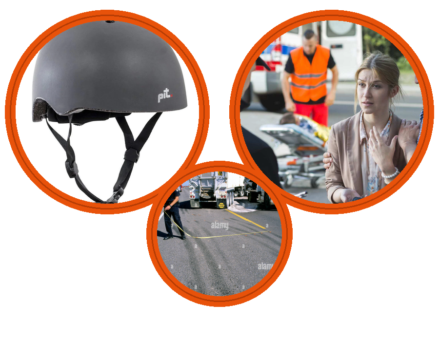 Damaged bike helmet examined by students as part of the crash investigation, parent and paramedics at crash scene and Tyre skid marks on the road analysed by students during the investigation