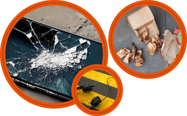 Cracked mobile phone found at the crash scene, evidence of possible phone use at the time of the collision, Spilled food delivery bag at the crash scene, evidence considered as a contributing factor and