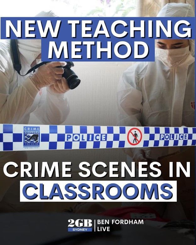 Students in hazmat suits at a simulated crime scene in a classroom. Headline: