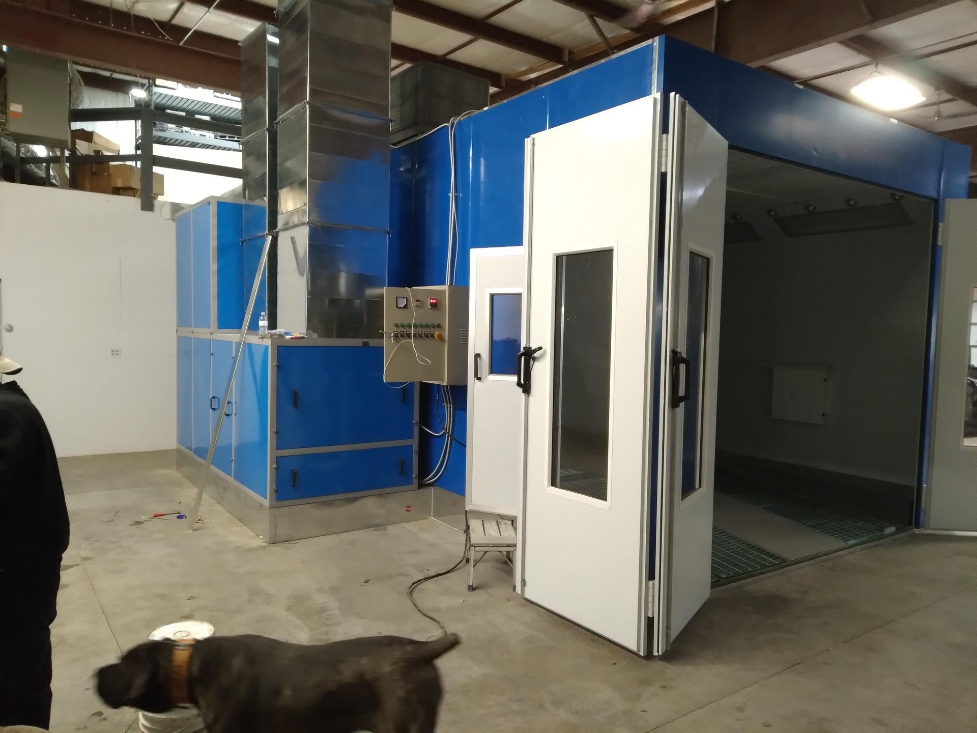 A dog is standing in front of a blue and white building