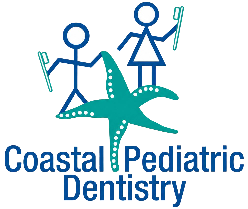 Coastal Pediatric Dentistry logo with blue stick figures and teal starfish