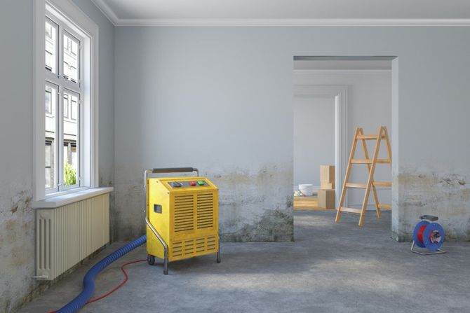 A yellow industrial dehumidifier stands in a room with water-damaged walls, a wooden ladder, and an extension cord.